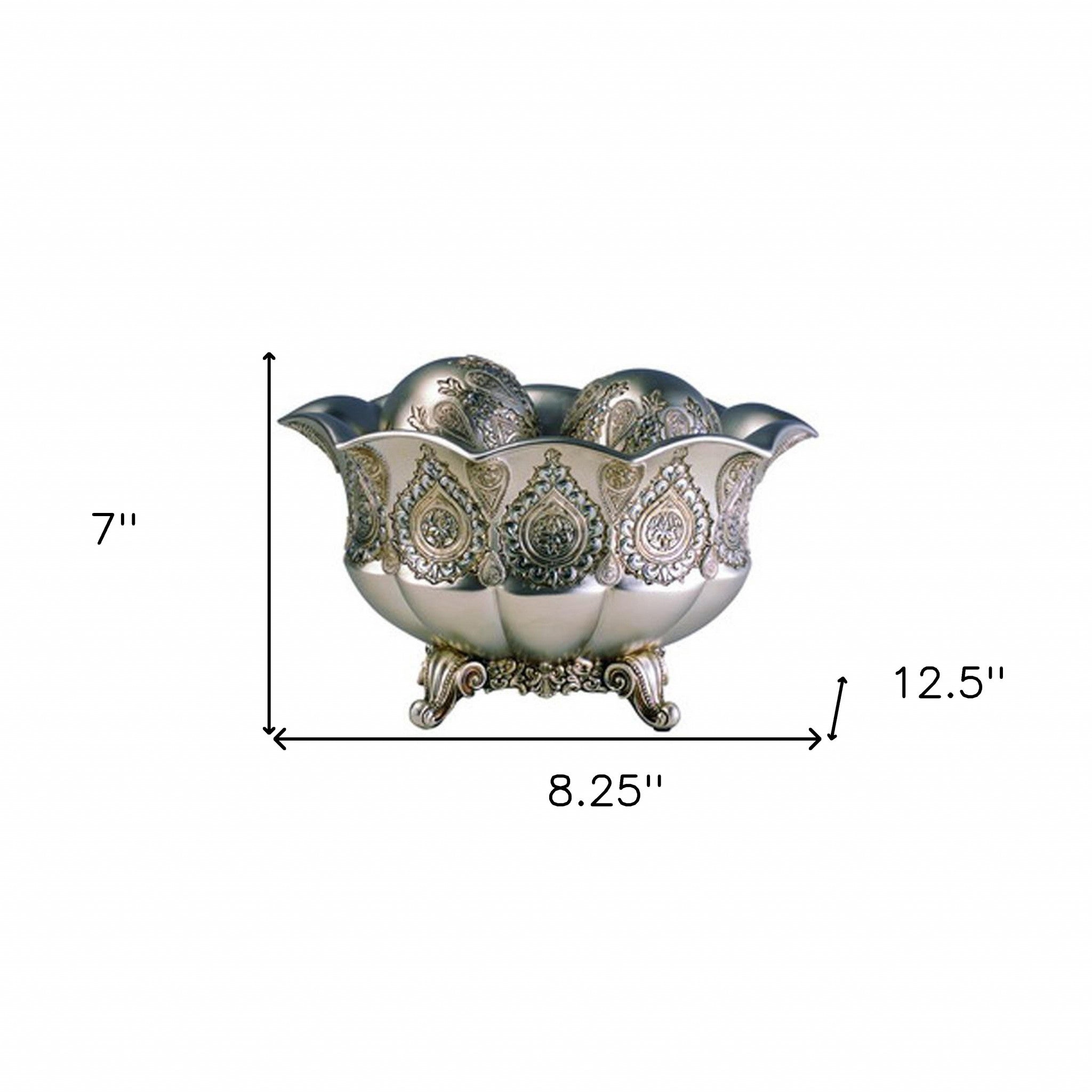 7" Silver Scalloped Design Polyresin Decorative Bowl With Orbs