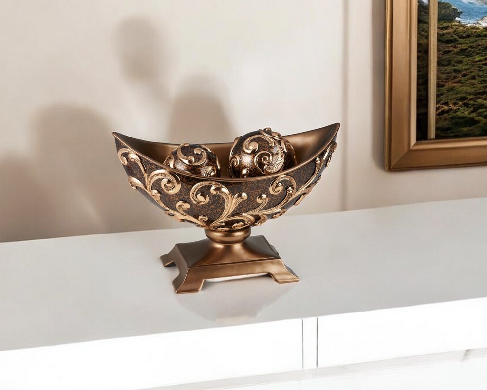 11" Brown And Gold Polyresin Decorative Bowl With Orbs