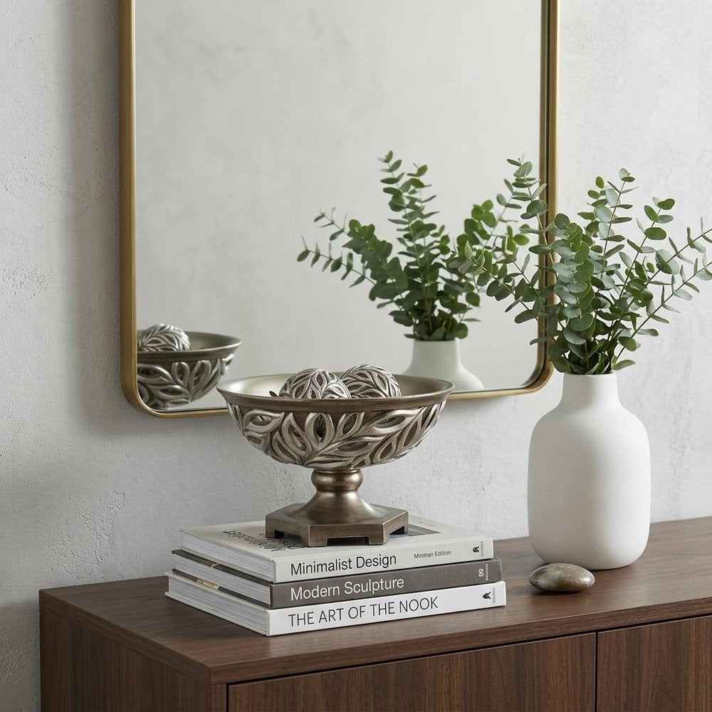 13" Brushed Silver Leaf Polyresin Decorative Pedestal Bowl with Orbs