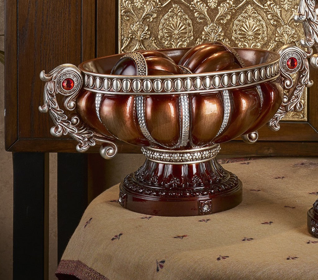 9" Reddish Bronze And Silver Polyresin Decorative Bowl With Orbs