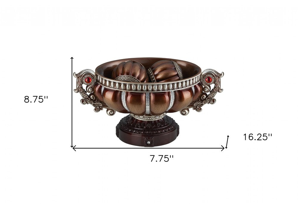 9" Reddish Bronze And Silver Polyresin Decorative Bowl With Orbs