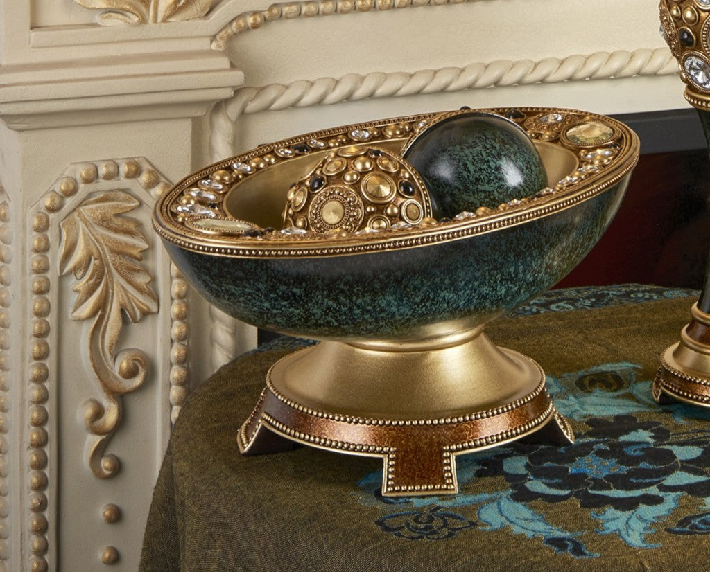 8" Marbleized Green And Gold Polyresin Decorative Bowl With Orbs