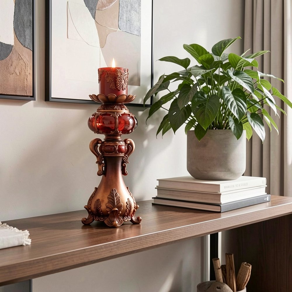 20" Brown and Red Faux Marble Tabletop Candle Holder and Candle