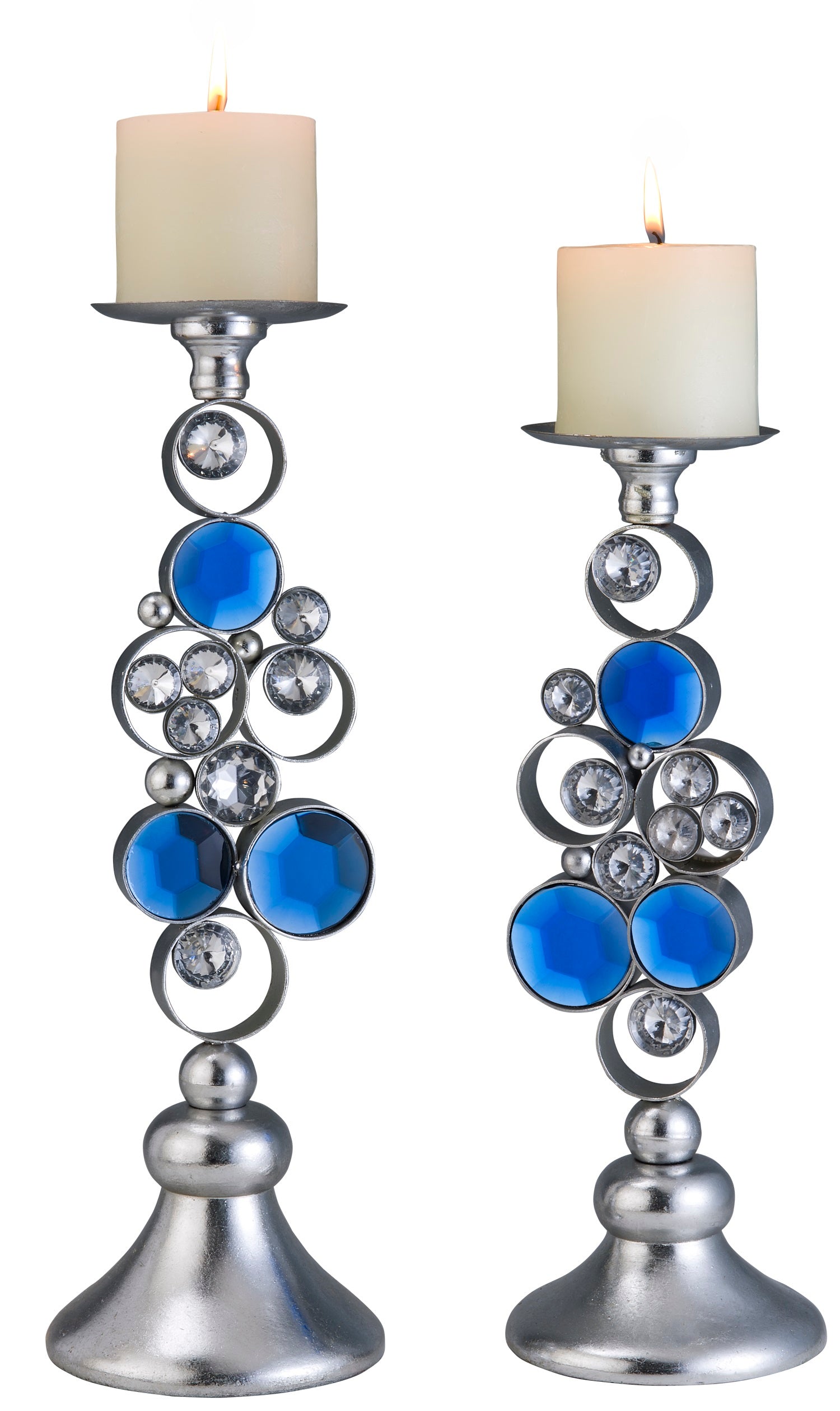 Set Of Two Silver and Blue Bling Tabletop Pillar Candle Holders