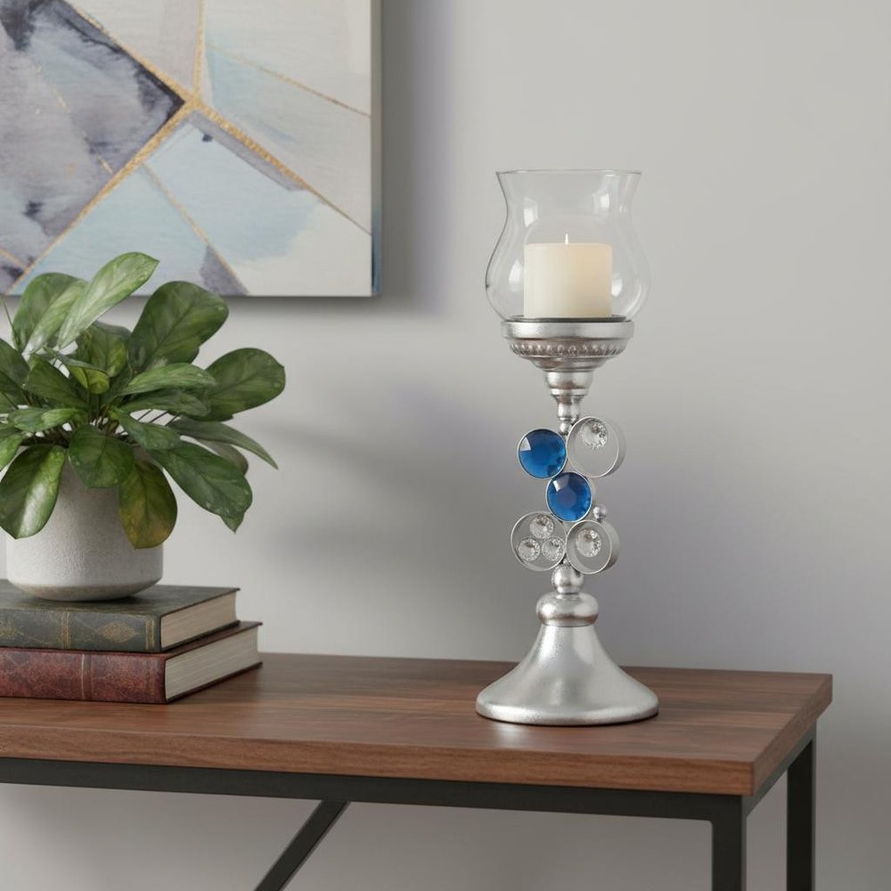 18" Silver and Blue Faux Crystal Bling Hurricane Candle Holder