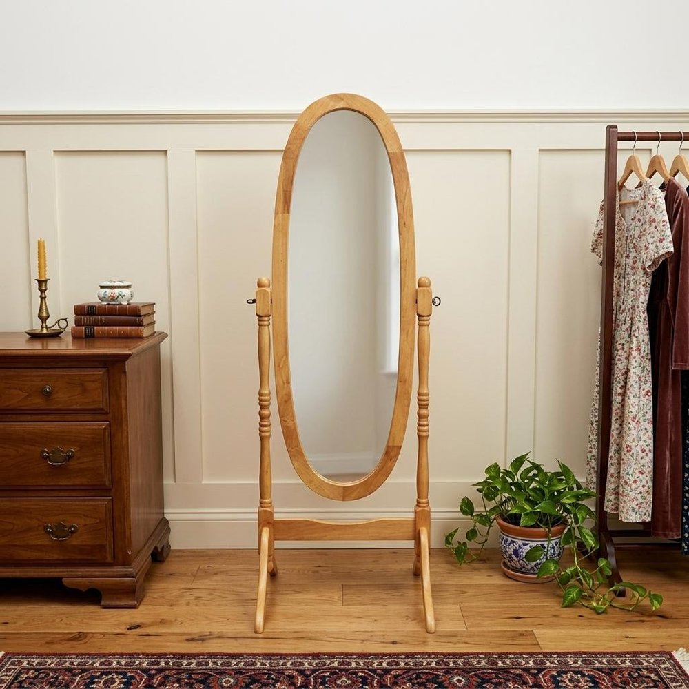 59" Natural Wood Oval Freestanding Tilting Framed Cheval Mirror