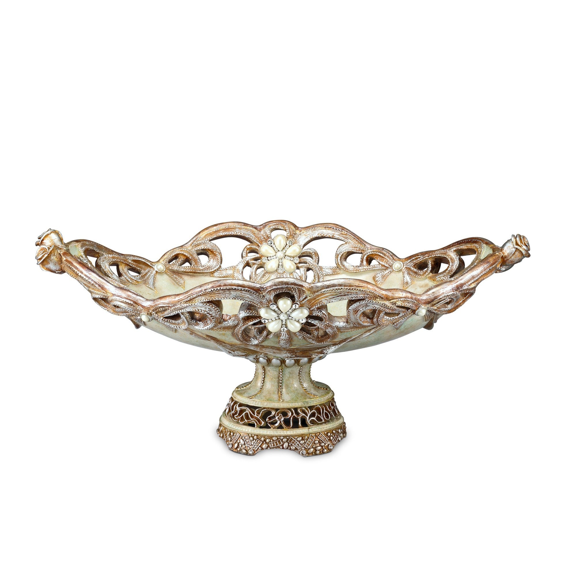 9" Beige And Gold Polyresin Decorative Bowl