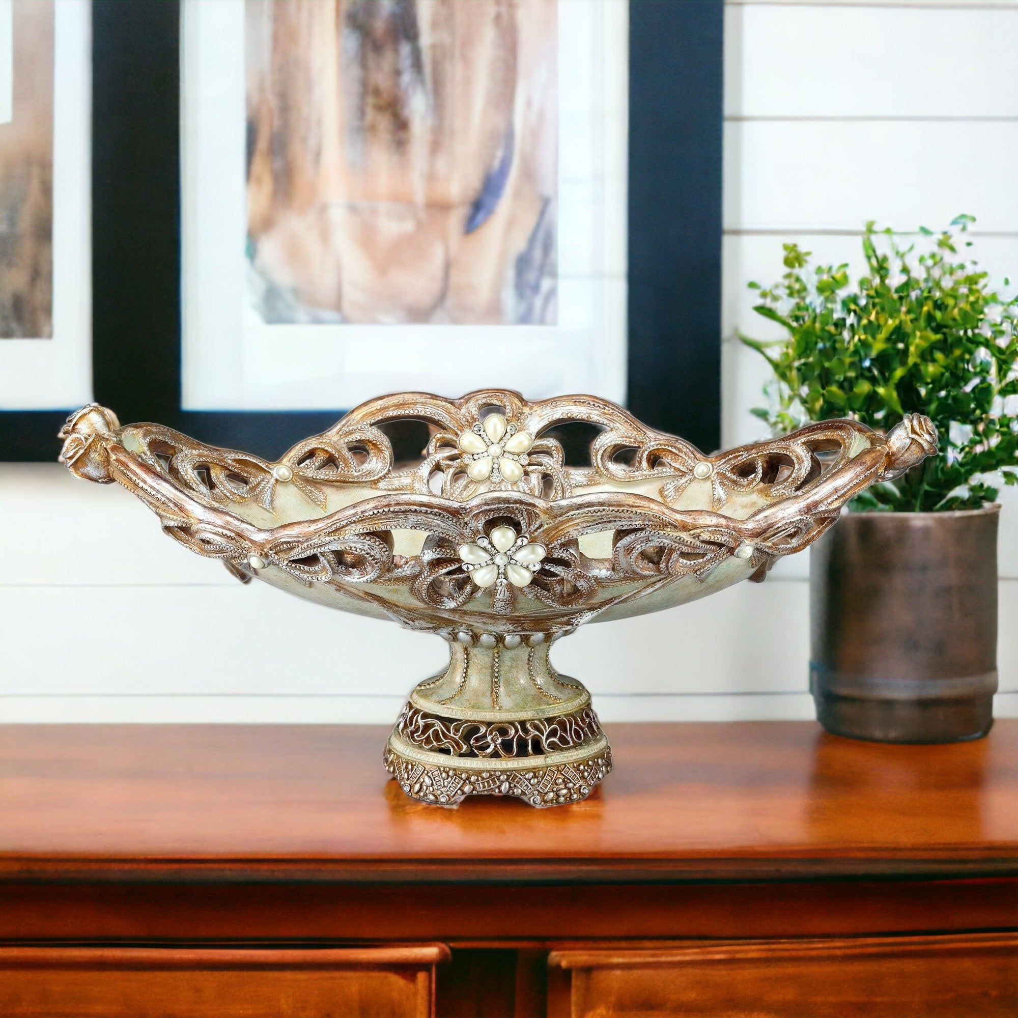 9" Beige And Gold Polyresin Decorative Bowl