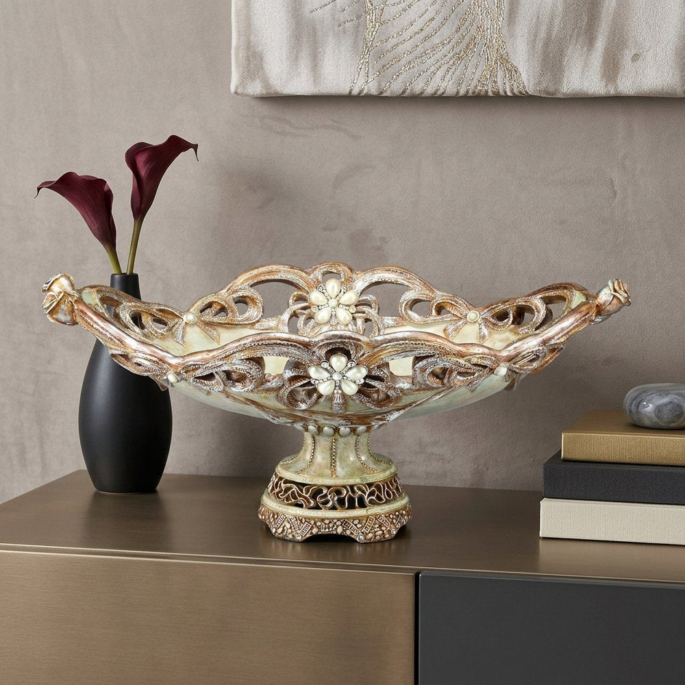 9" Beige And Gold Polyresin Decorative Bowl