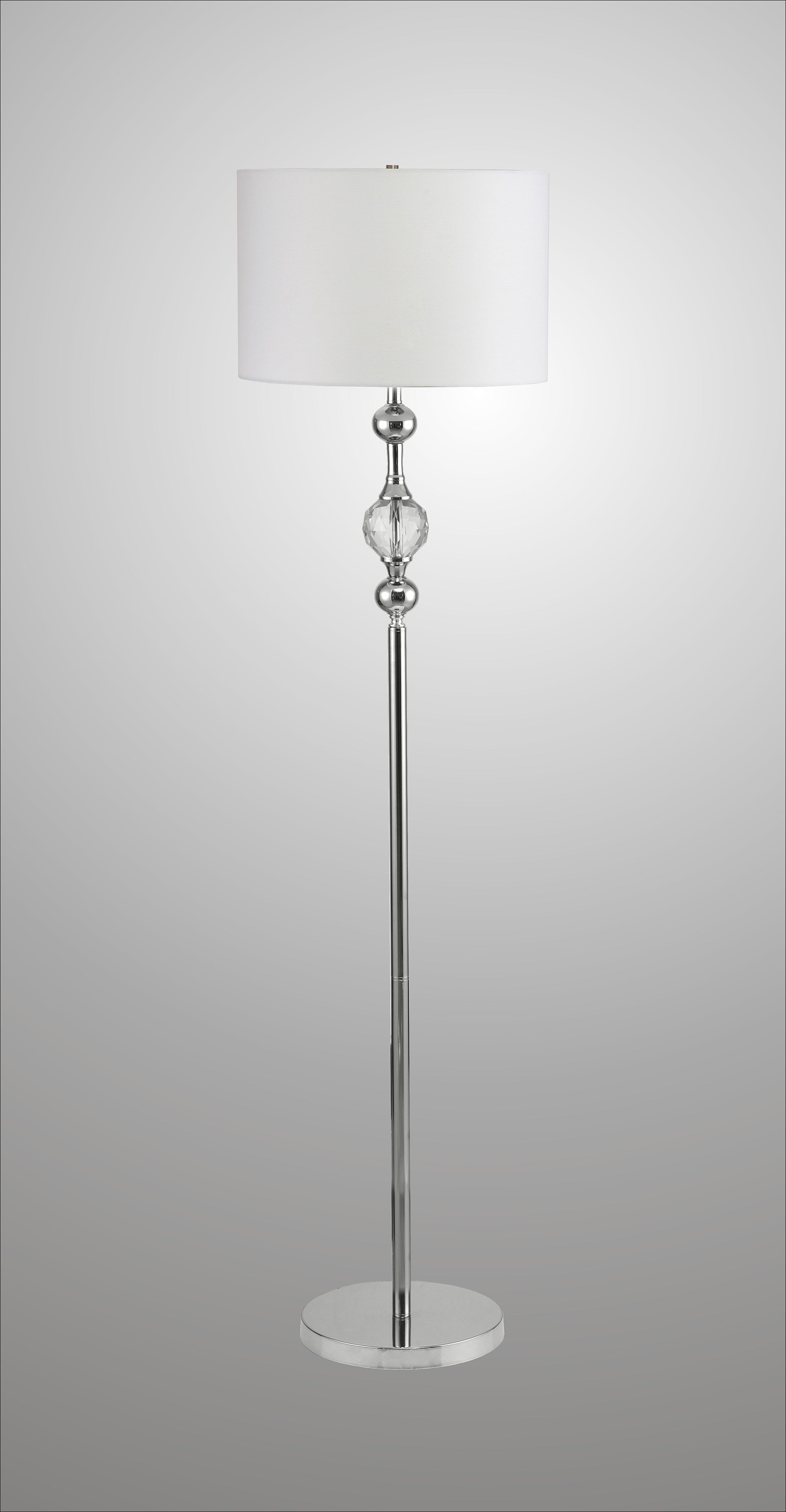 63" Chrome and Crystal Orb Shaped Floor Lamp With White Drum Shade