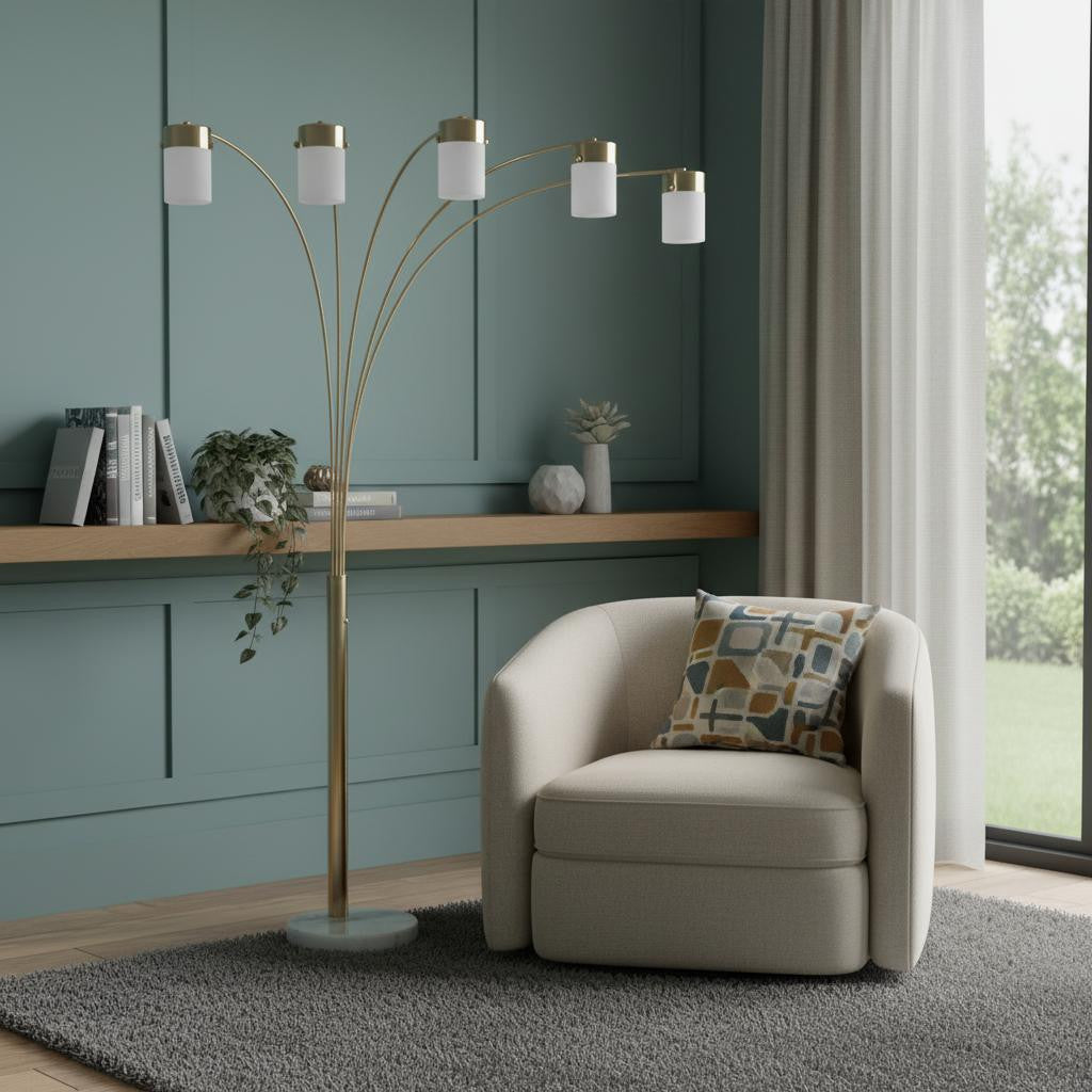 84" Gold And White Five Light Arched Floor Lamp With White Acrylic Drum Shade