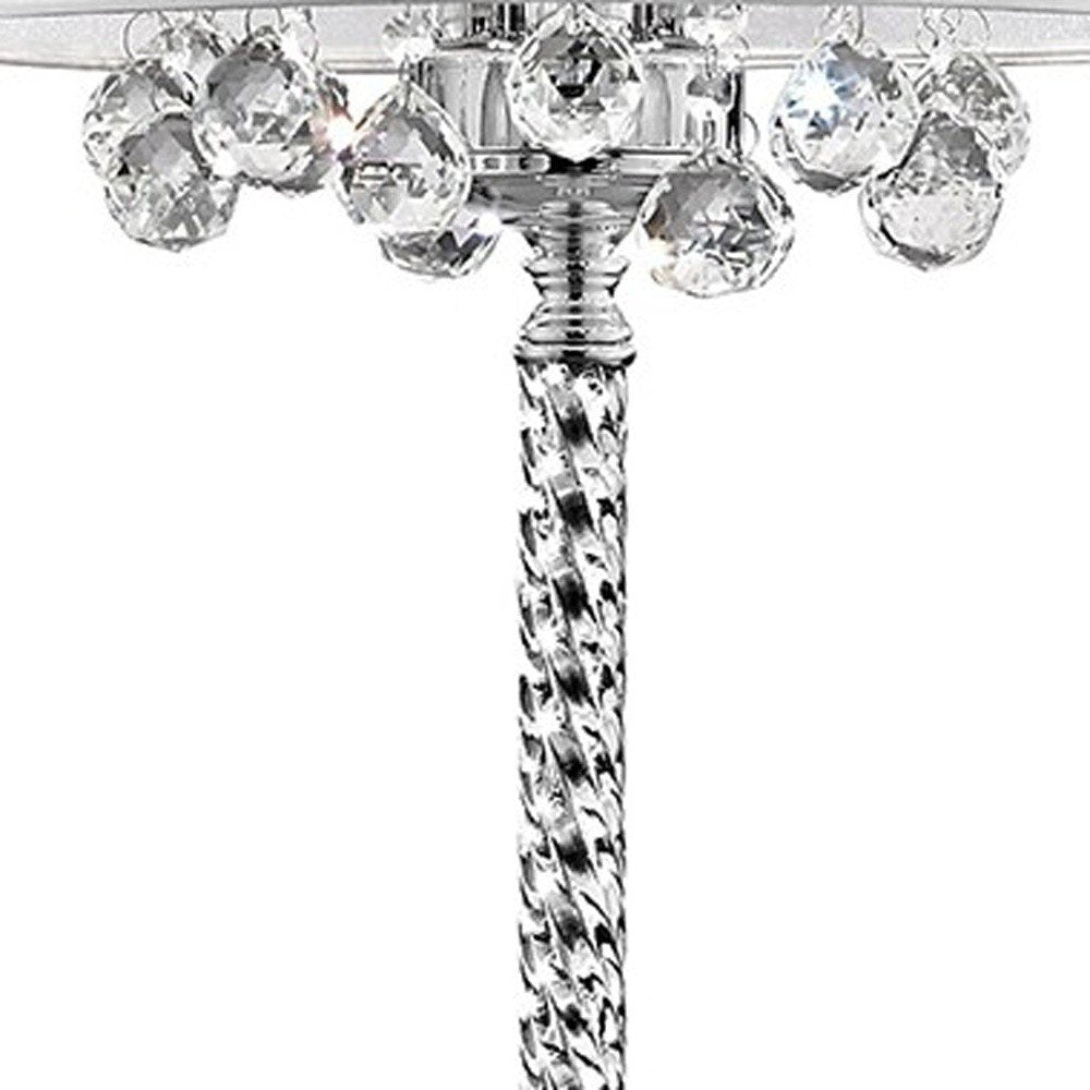 63" Silver Three Light Candelabra Floor Lamp With White Fabric Drum Shade
