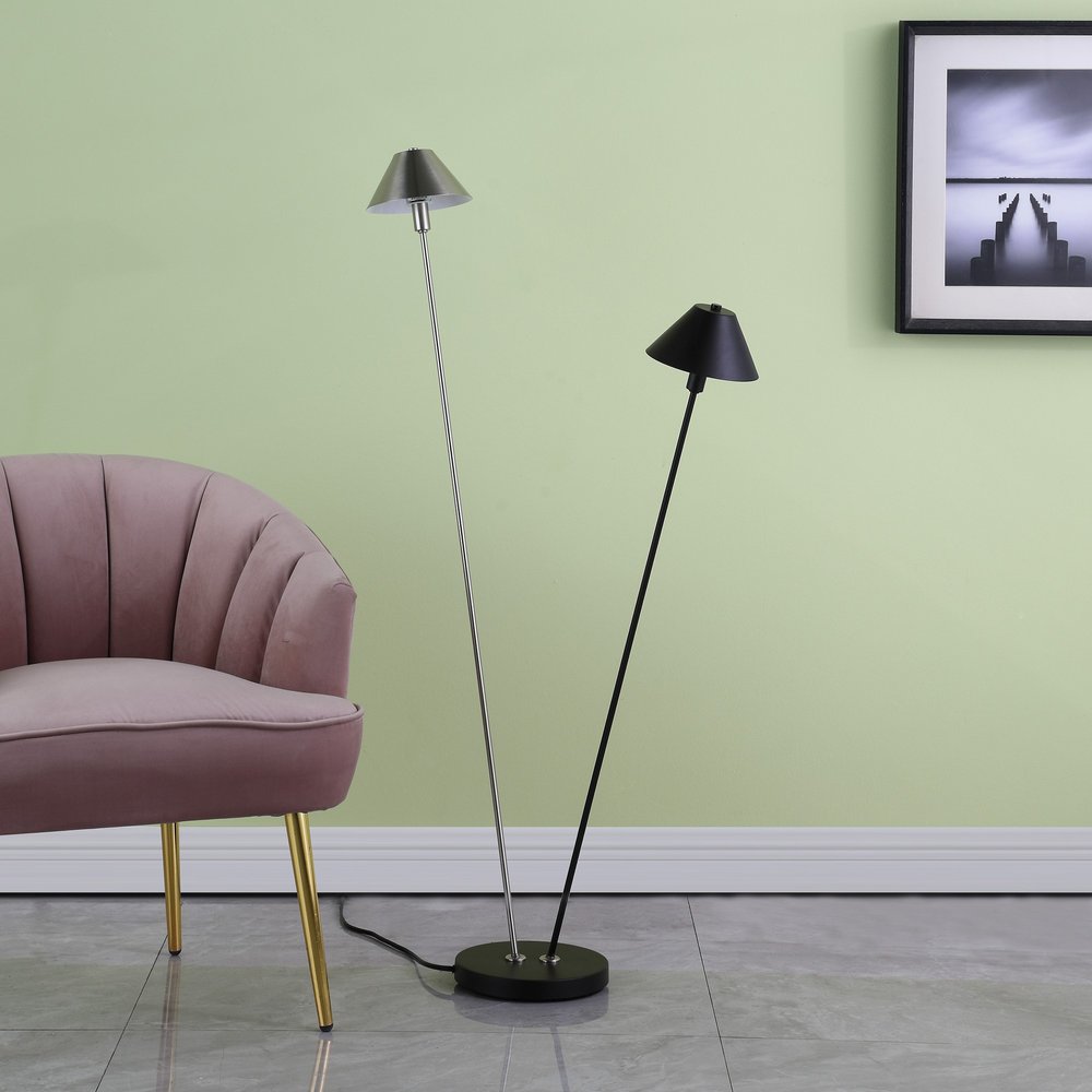 48" Black And Silver Two Light LED Novelty Floor Lamp With Black And Silver Metal Empire Shade