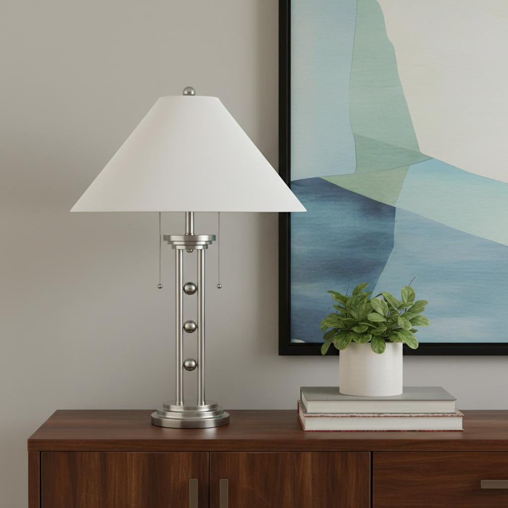 27" Silver Metal Two Light Table Lamp With White Classic Empire Shade