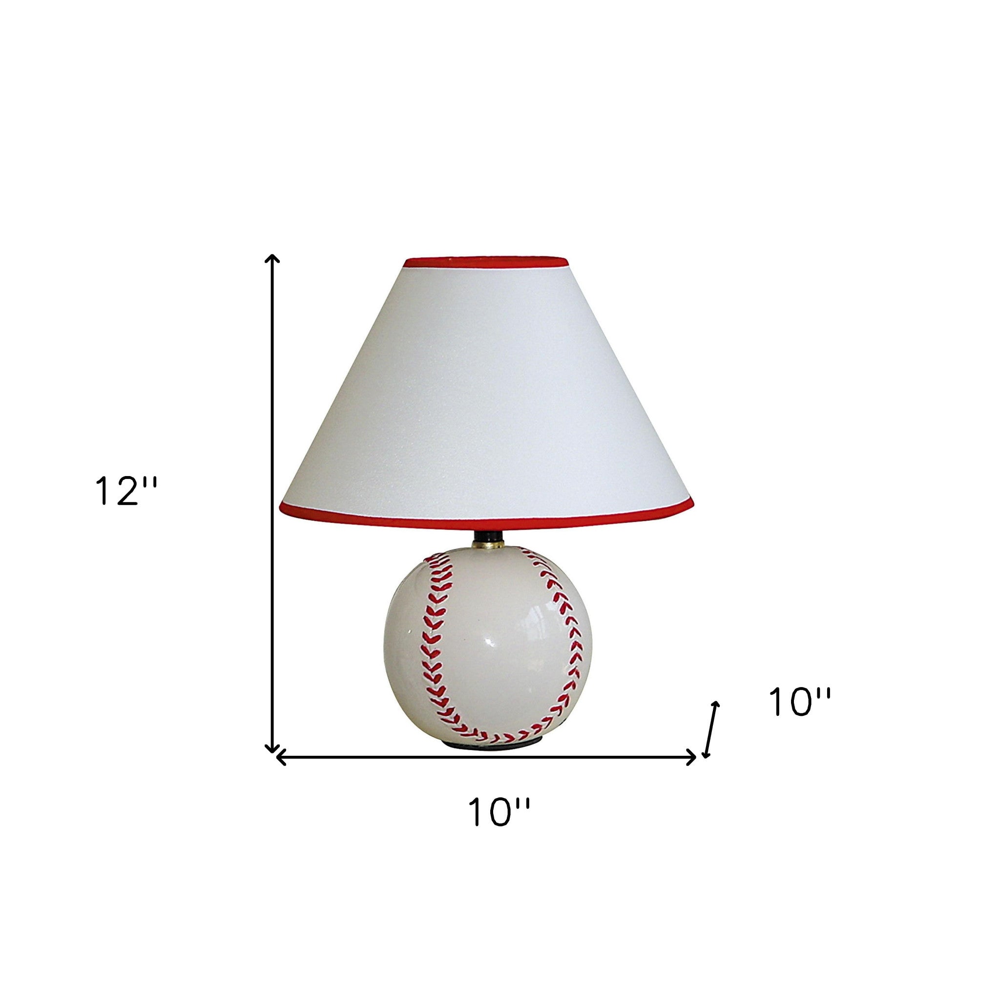 12" White and Red Ceramic Baseball Sports Table Lamp With White and Red Empire Shade