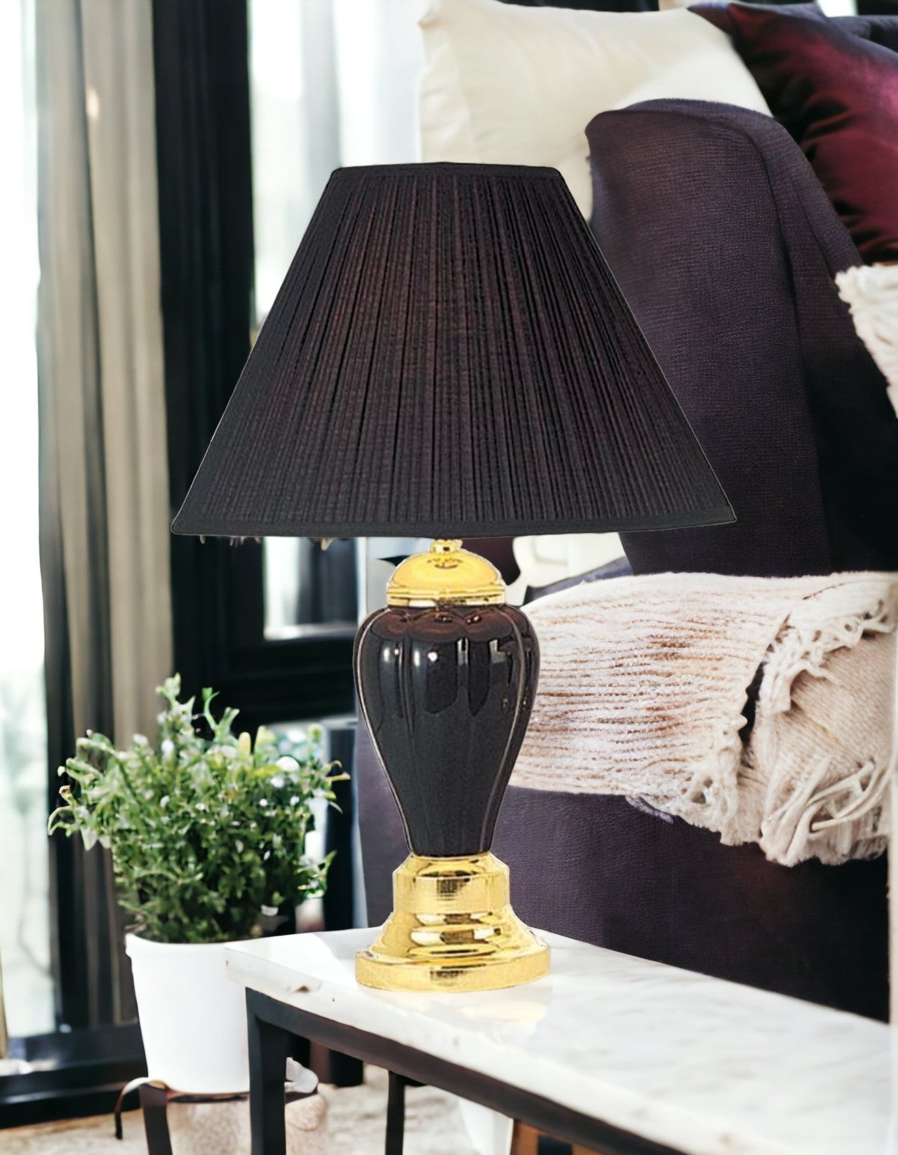 27" Black and Gold Ceramic Urn  Table Lamp With Black Empire Shade