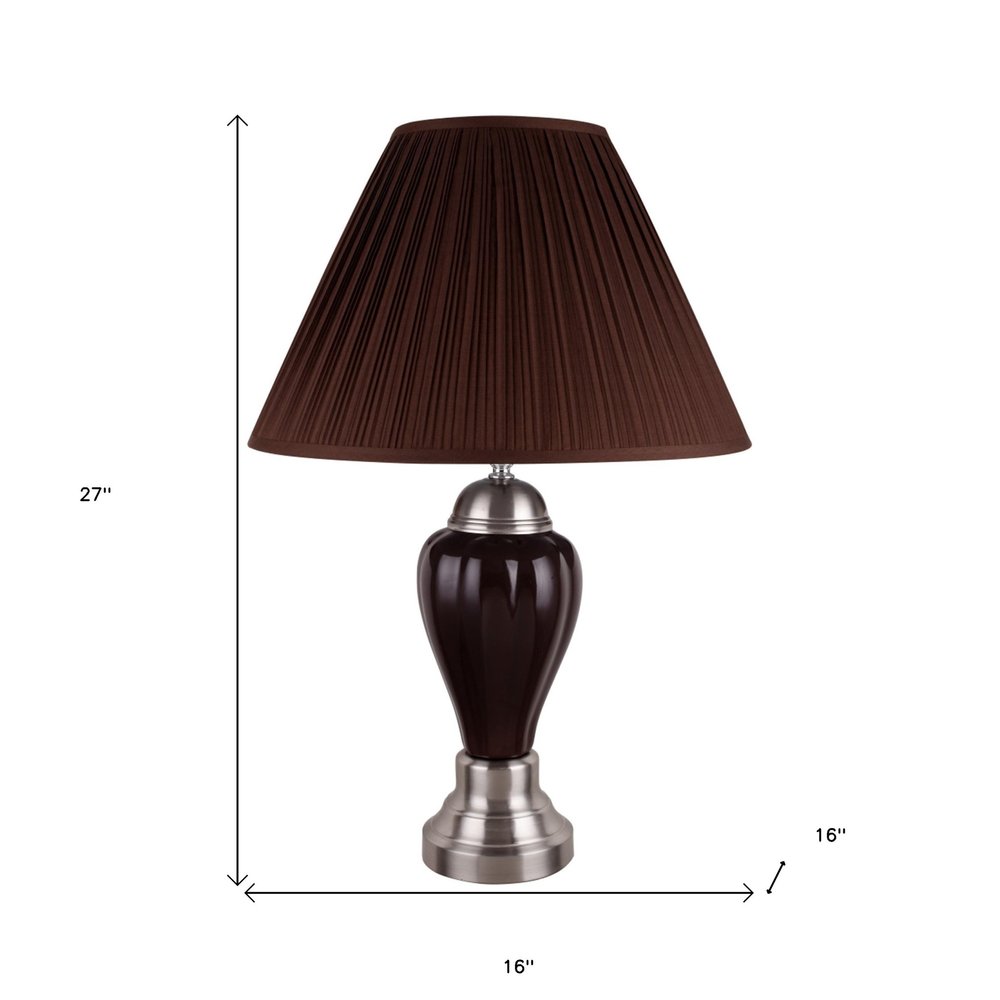 27" Ivory and Silver Ceramic Urn Table Lamp With White Empire Shade