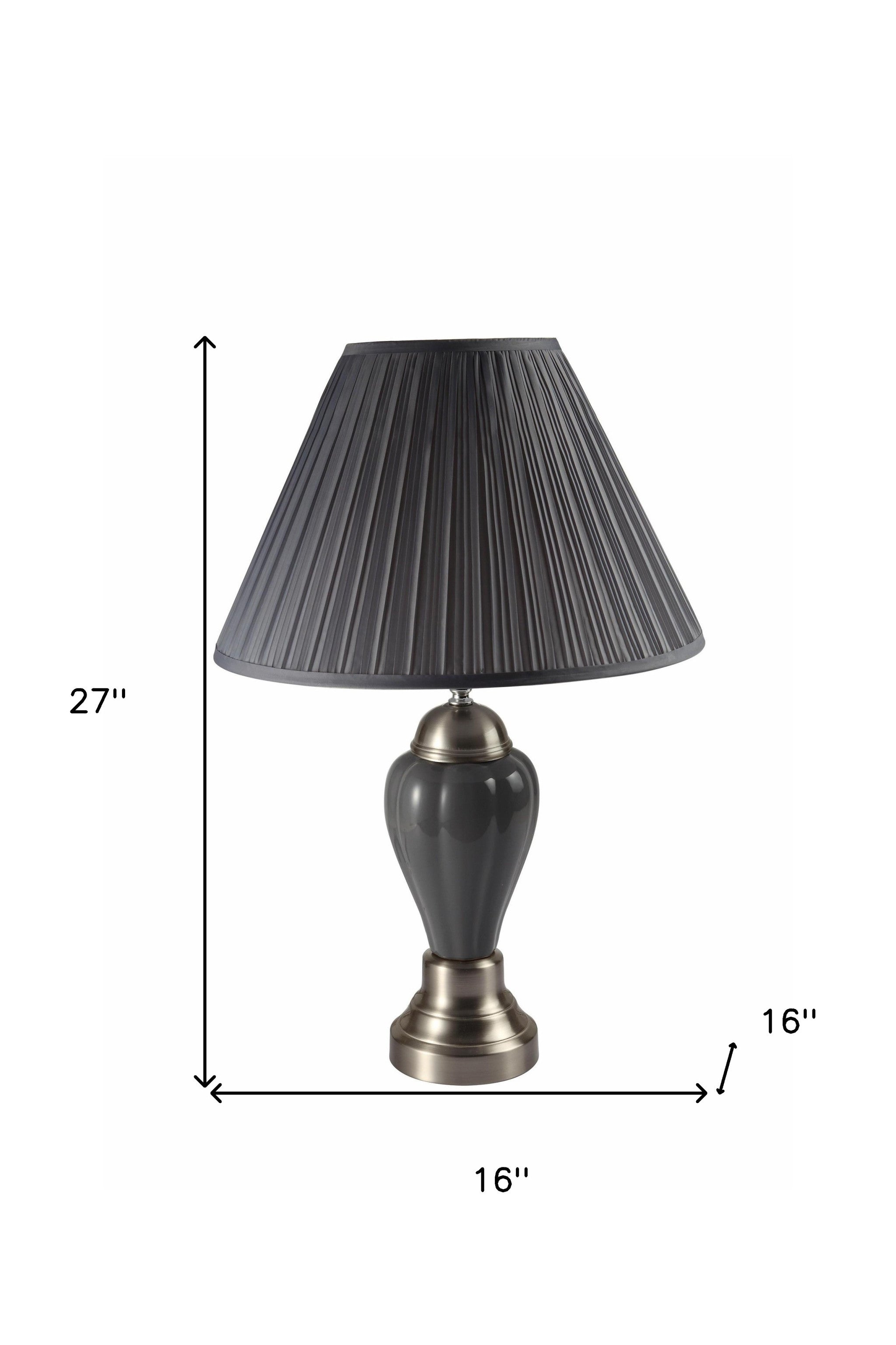 27" Gray and Silver Metal Urn Table Lamp With Gray Empire Shade