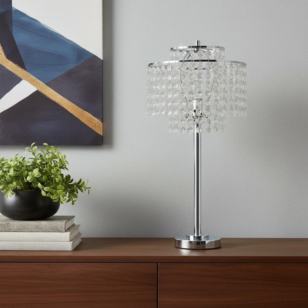26" Silver Glam Two Tier Chandelier USB Table Lamp
