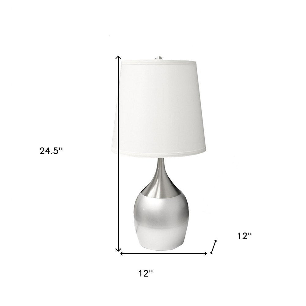 25" Silver Metal Gourd Table Lamp With White Tapered Drum Shade