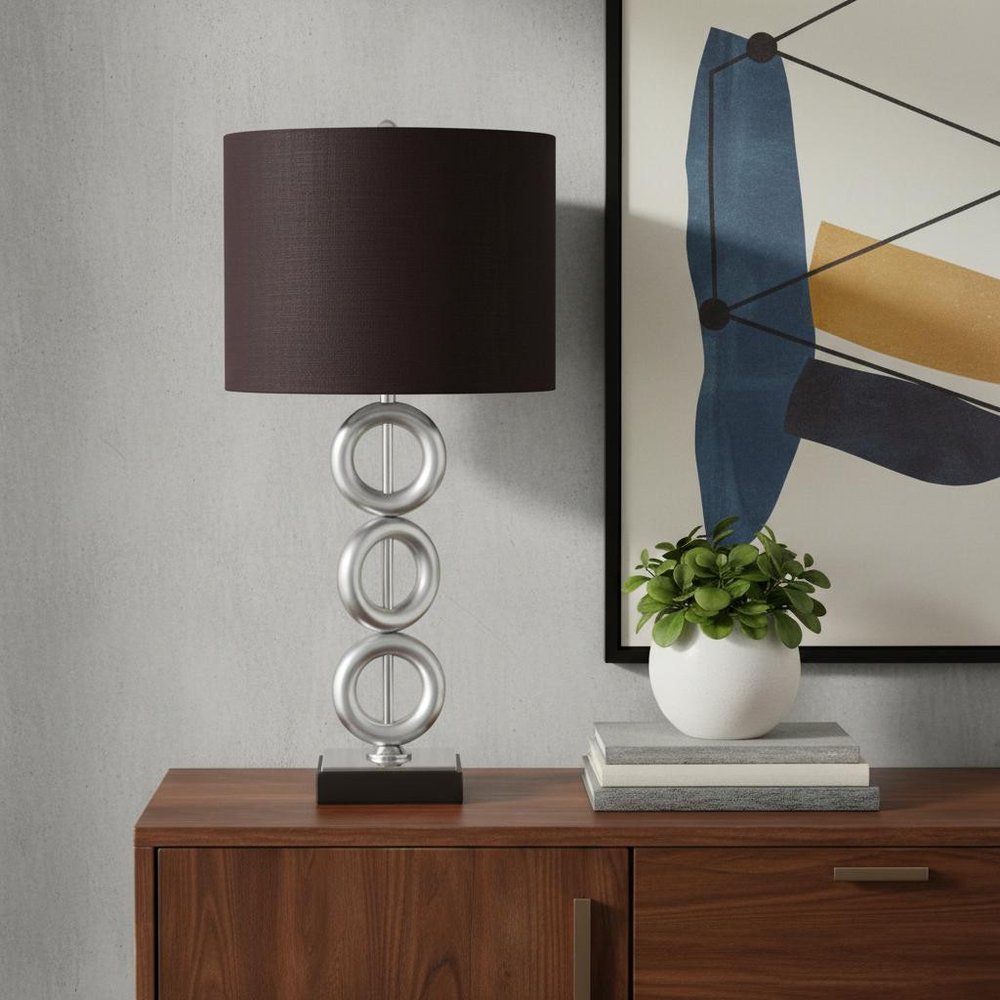 29" Silver Ceramic Geometric Table Lamp With Brown Classic Drum Shade
