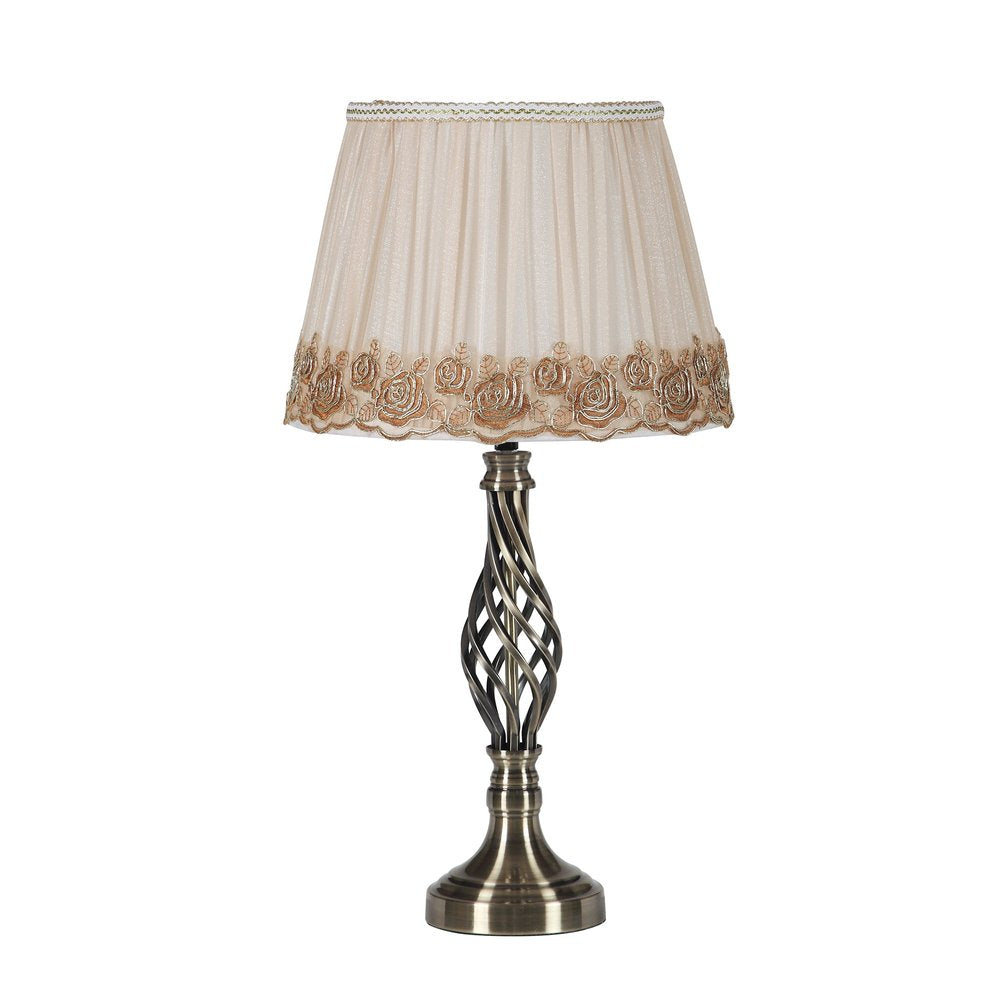 23" Antiqued Brass Metal Novelty Bedside Lamp With Brown and White Empire Shade