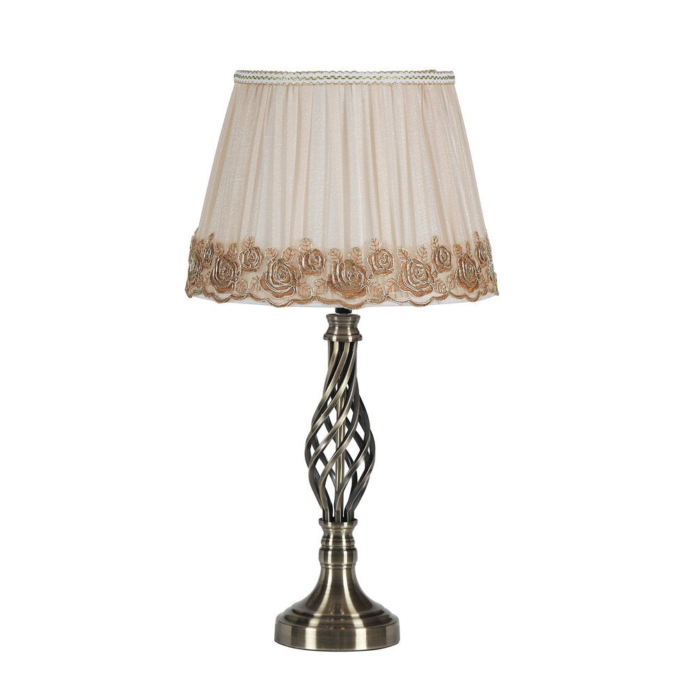 23" Antiqued Brass Metal Novelty Bedside Lamp With Brown and White Empire Shade