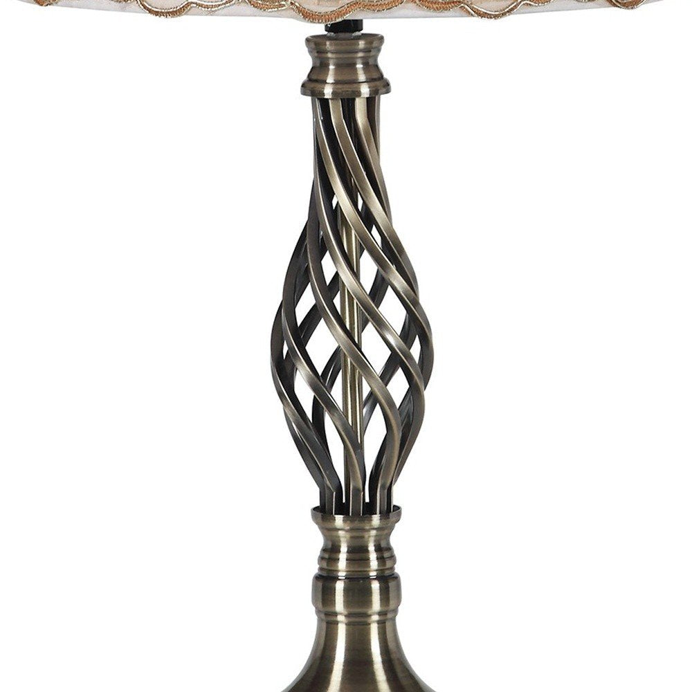 23" Antiqued Brass Metal Novelty Bedside Lamp With Brown and White Empire Shade