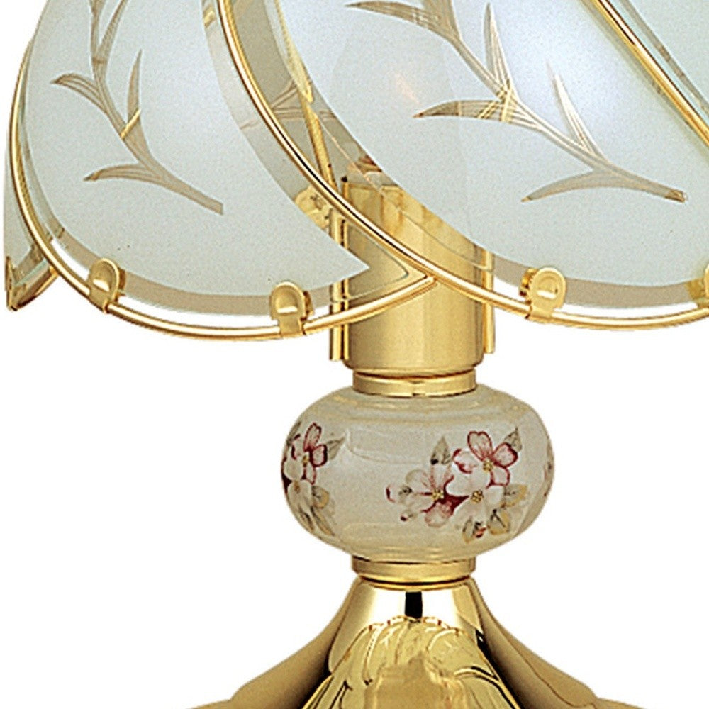 14" Gold Bedside Table Lamp With Floral Frosted Glass Shade