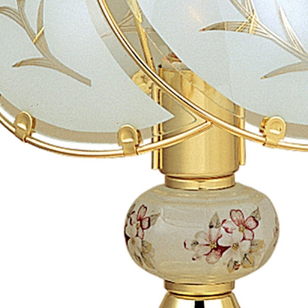 14" Gold Bedside Table Lamp With Floral Frosted Glass Shade