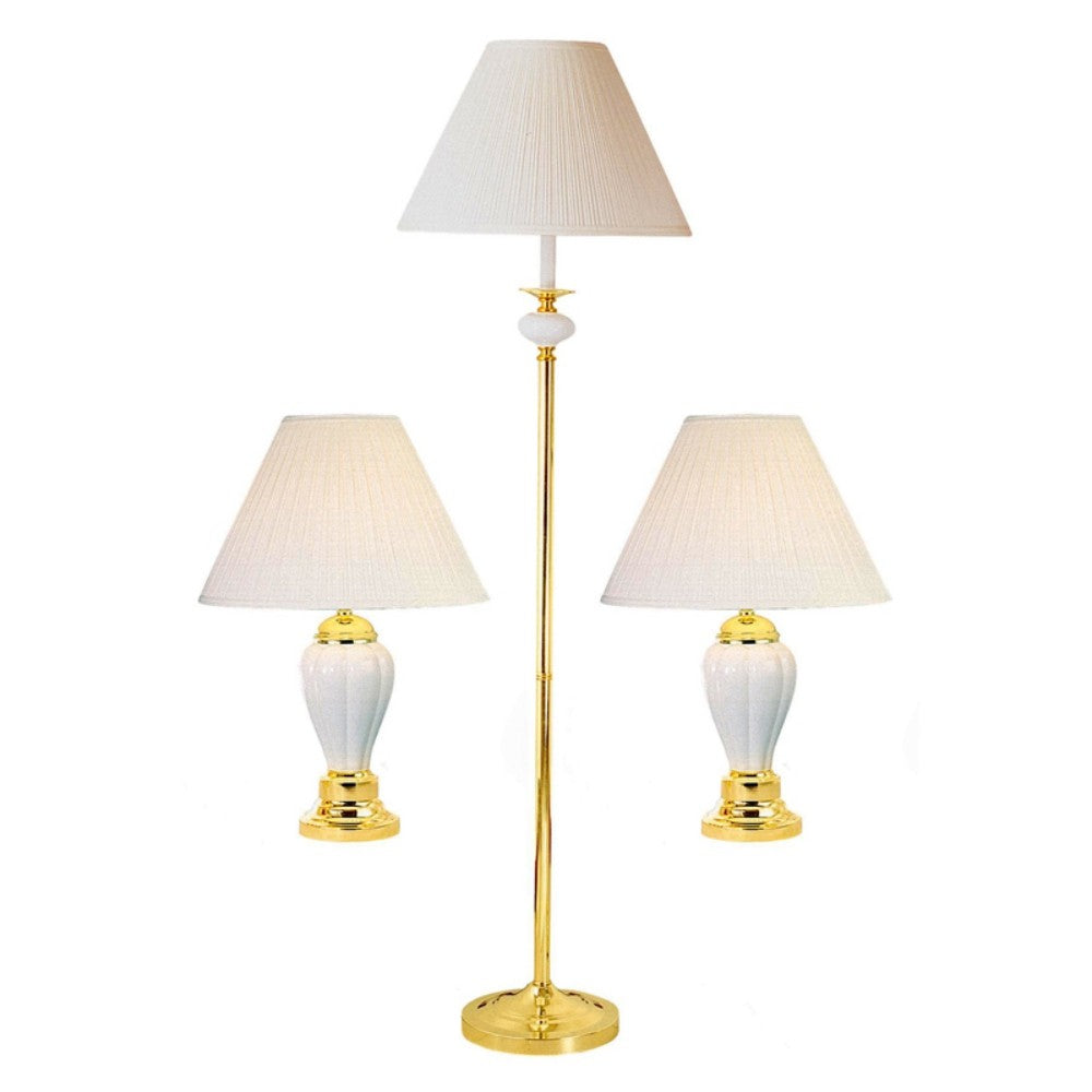 Set Of Three 64" Gold Ceramic Bedside Floor and Table Lamp Set With Black Empire Shade