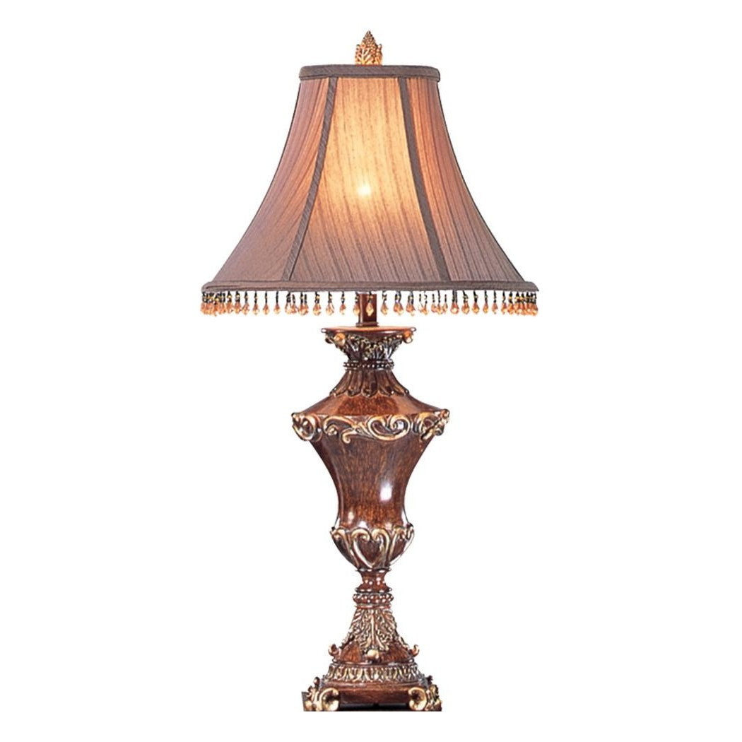 32" Bronze Urn Table Lamp With Brown Bell Shade and Hanging Beads