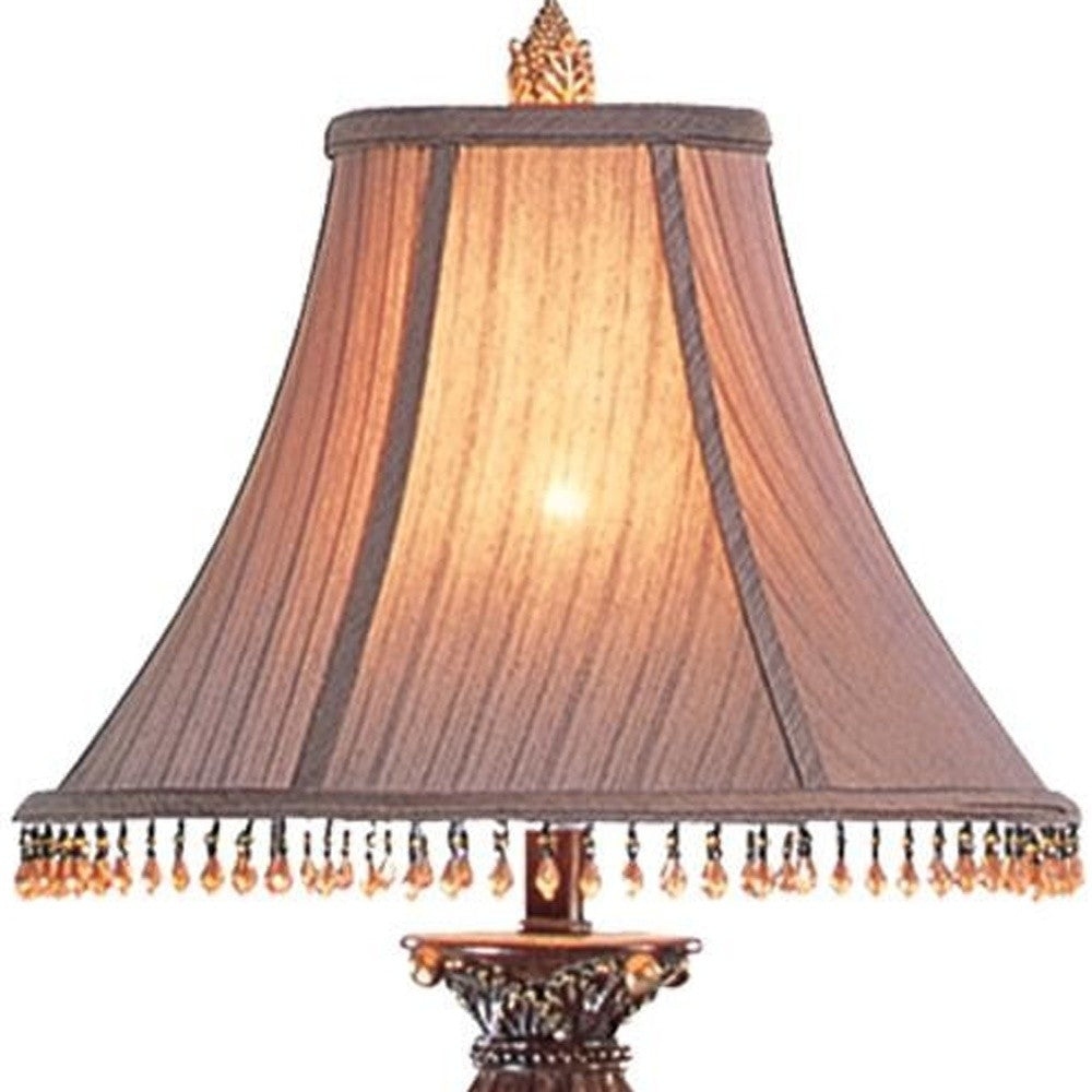 32" Bronze Urn Table Lamp With Brown Bell Shade and Hanging Beads