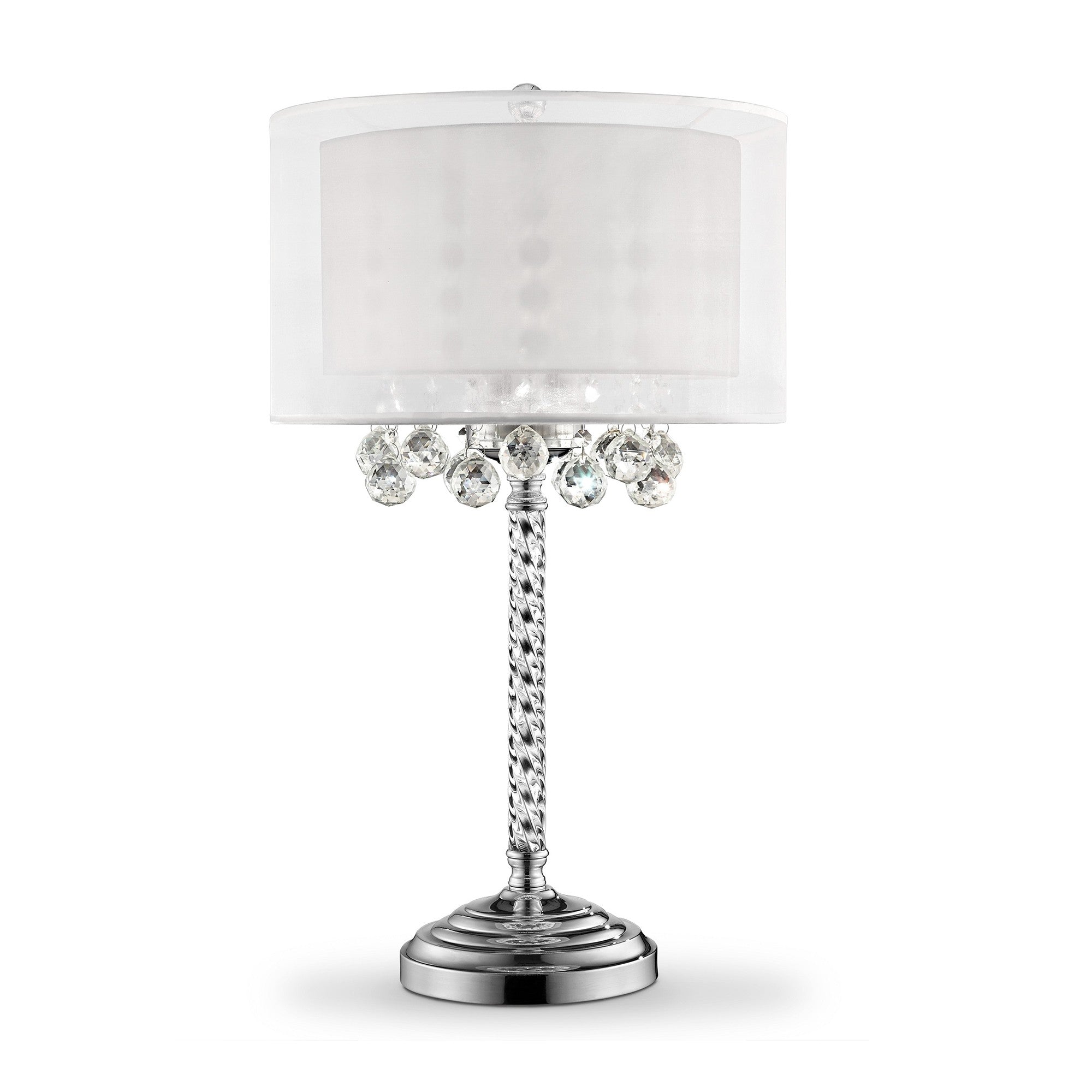 30" Silver Metal And Faux Crystal Three Light Table Lamp With White Drum Shade