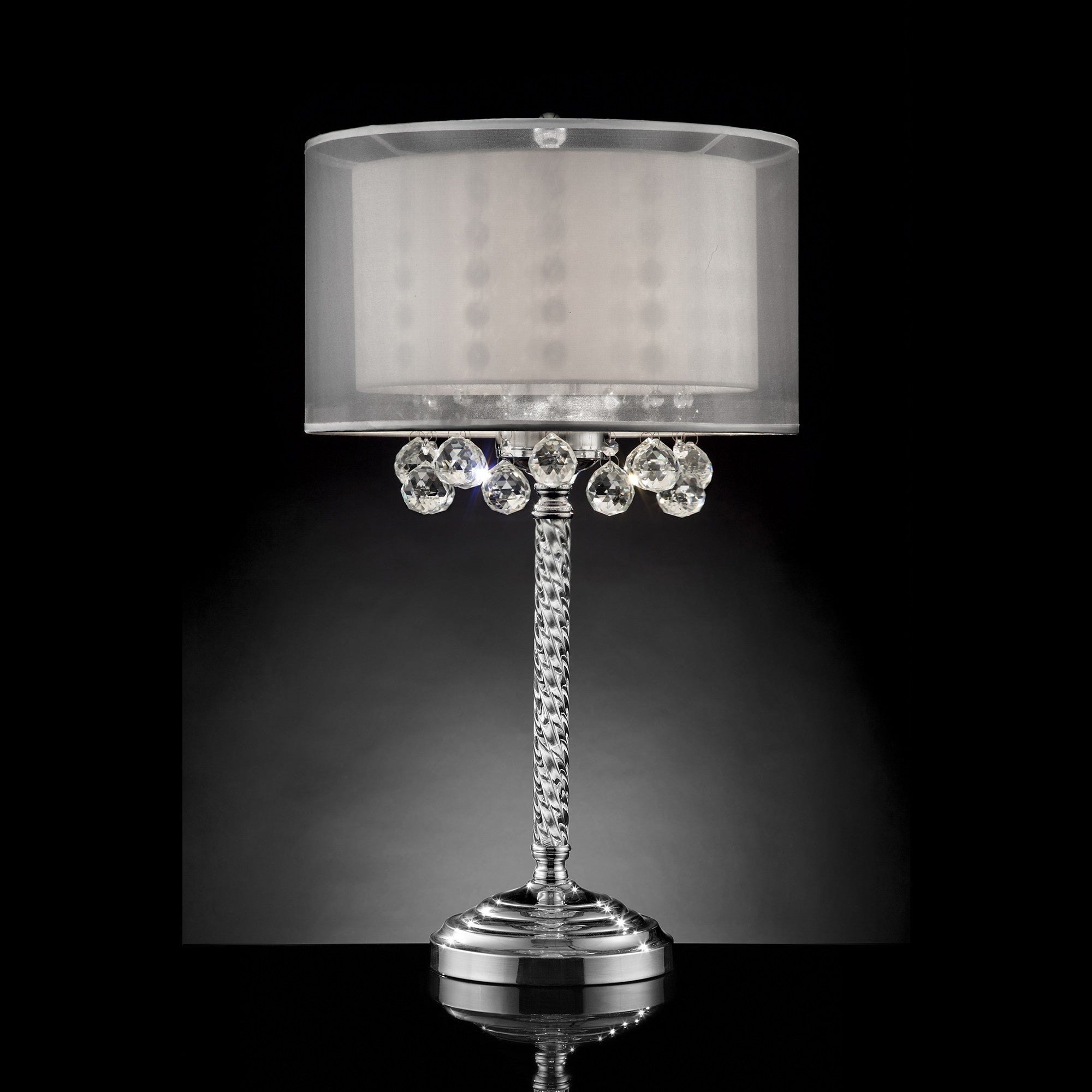 30" Silver Metal And Faux Crystal Three Light Table Lamp With White Drum Shade