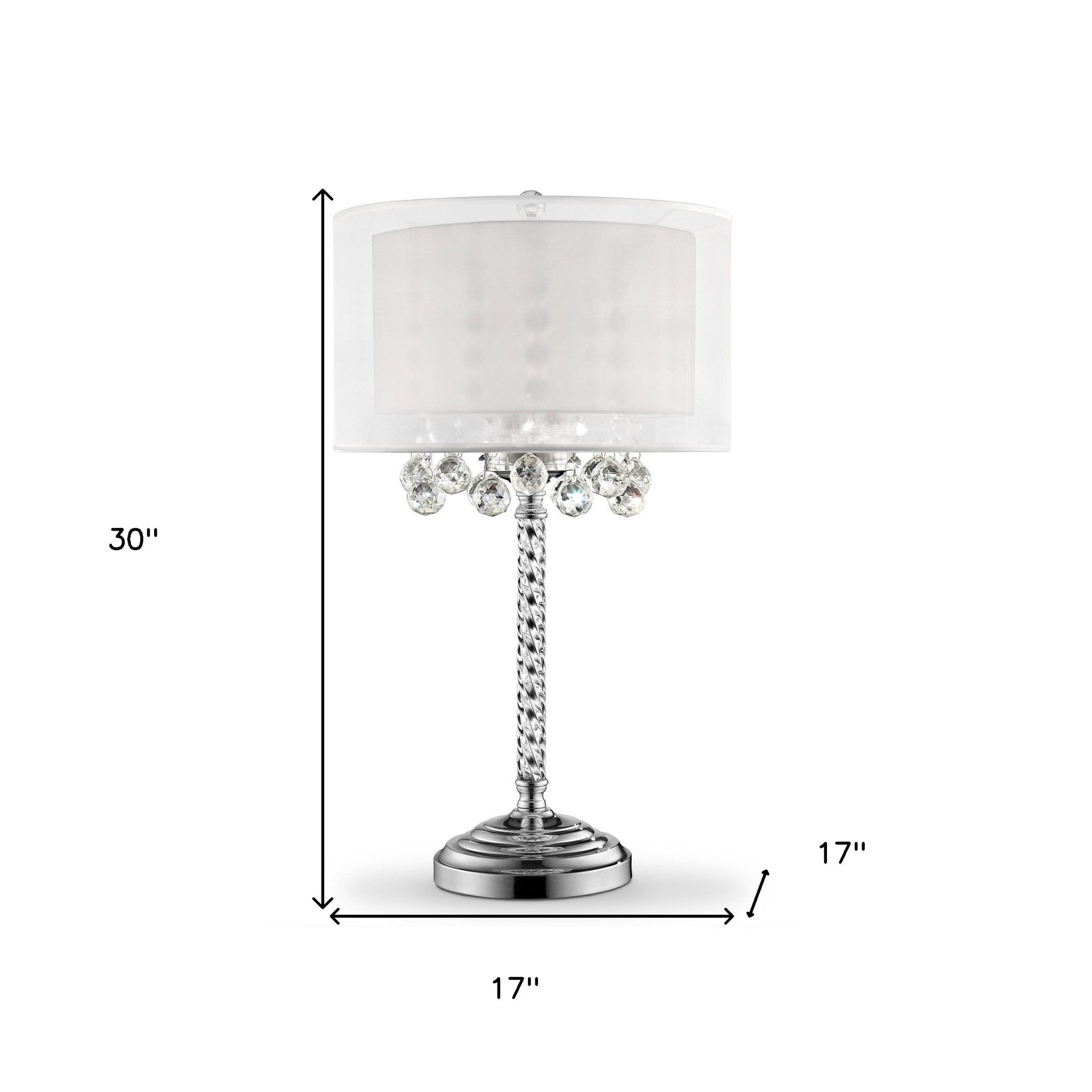 30" Silver Metal And Faux Crystal Three Light Table Lamp With White Drum Shade