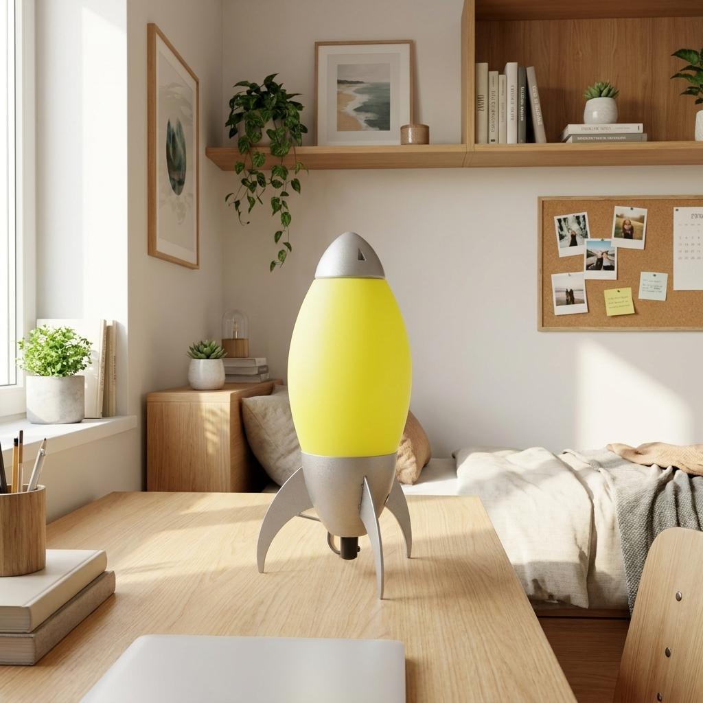 11" Yellow And Silver Acrylic And Metal Rocket Shaped Bedside Lamp