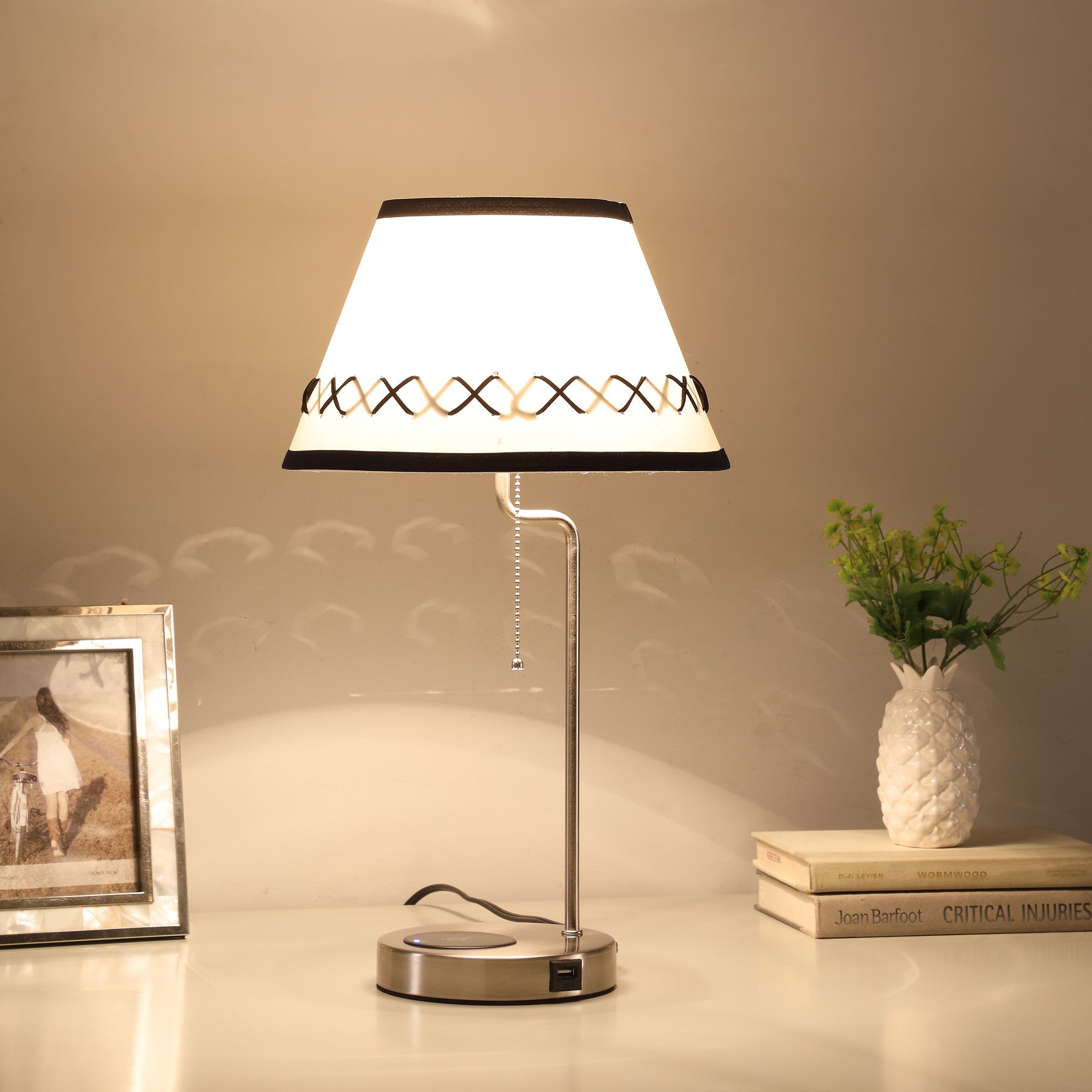 20" Silver Bedside Table Lamp With Off White Empire Shade