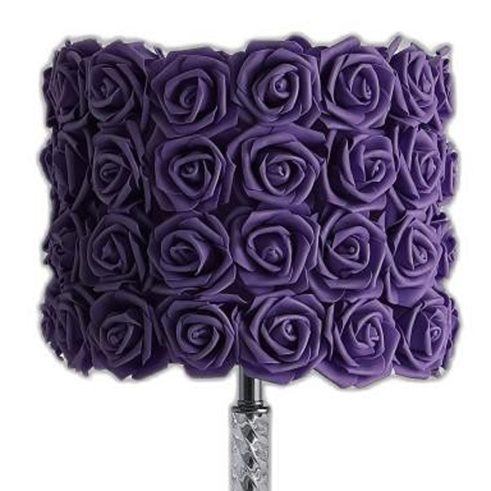 18" Silver Bedside Table Lamp With Purple Flowers Drum Shade