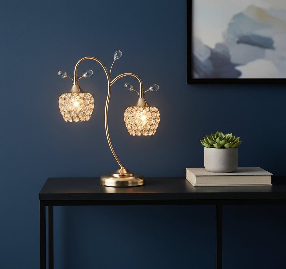 17" Gold Two Light Bedside Table Lamp With Clear Novelty Shade