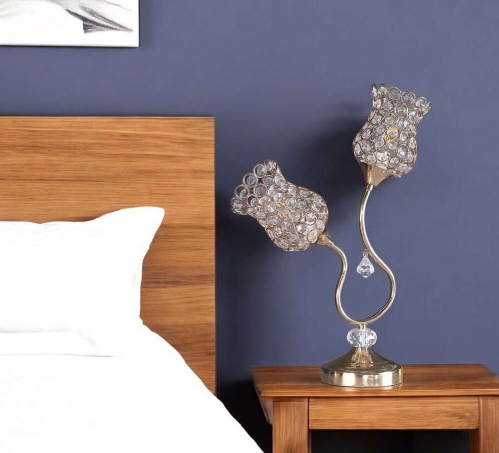 19" Gold Two Light Bedside Table Lamp With Clear Novelty Shade