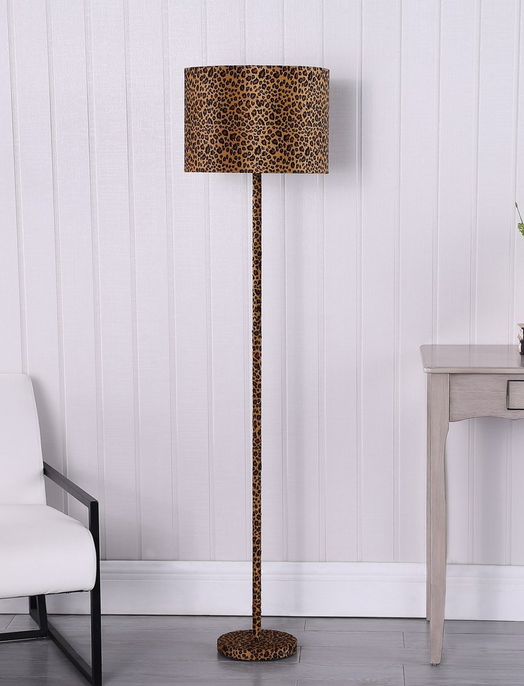 59" Amber And Black Metal Floor Lamp With Amber And Black Animals Faux Leather Cylinder Shade