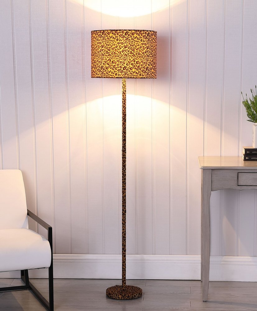 59" Amber And Black Metal Floor Lamp With Amber And Black Animals Faux Leather Cylinder Shade