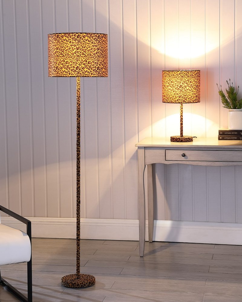59" Amber And Black Metal Floor Lamp With Amber And Black Animals Faux Leather Cylinder Shade