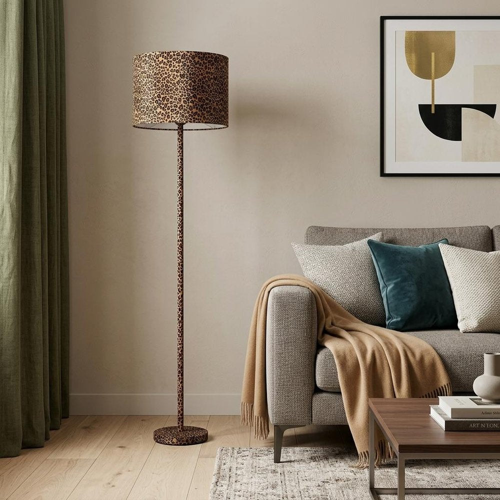 59" Amber And Black Metal Floor Lamp With Amber And Black Animals Faux Leather Cylinder Shade