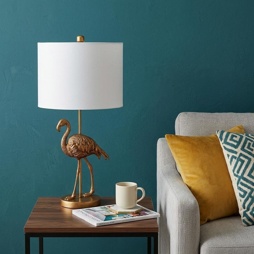 26" Gold Flamingo Table Lamp With White Drum Shade