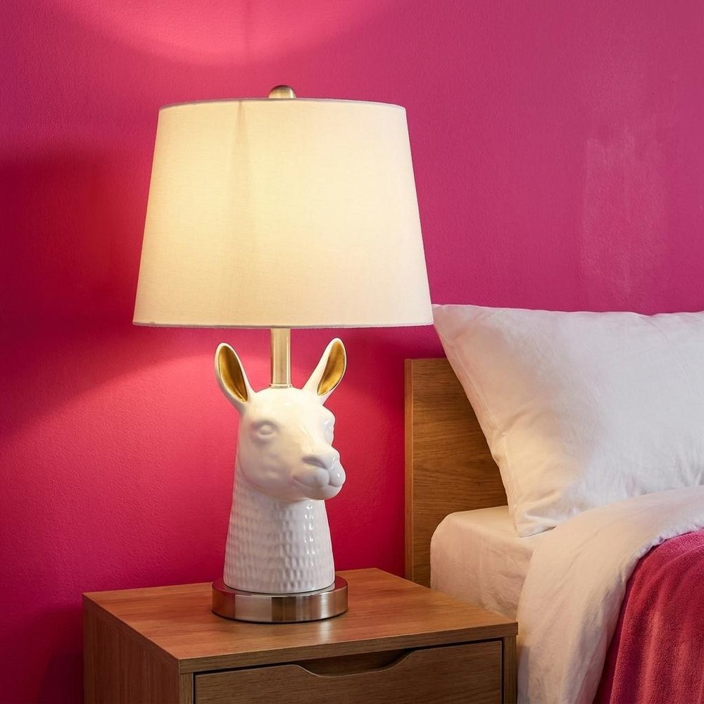 21" Silver And White Novelty Llama Lamp With White Drum Shade