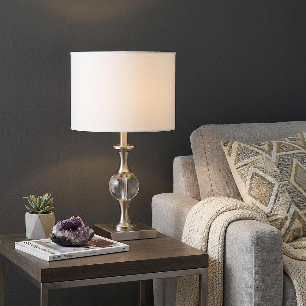 20" Silver Bedside Table Lamp With White Drum Shade