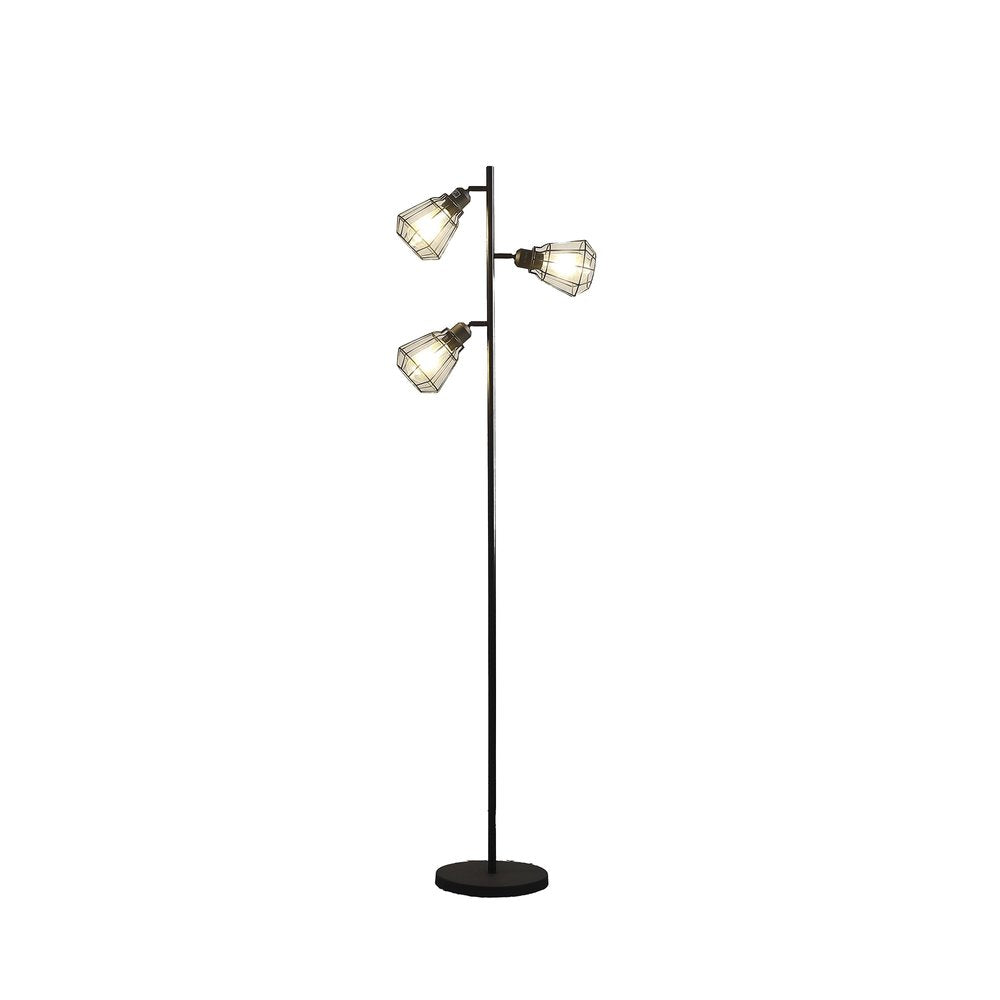 66" Black Metal Three Light Tree Floor Lamp With Black Metal Cage Shade
