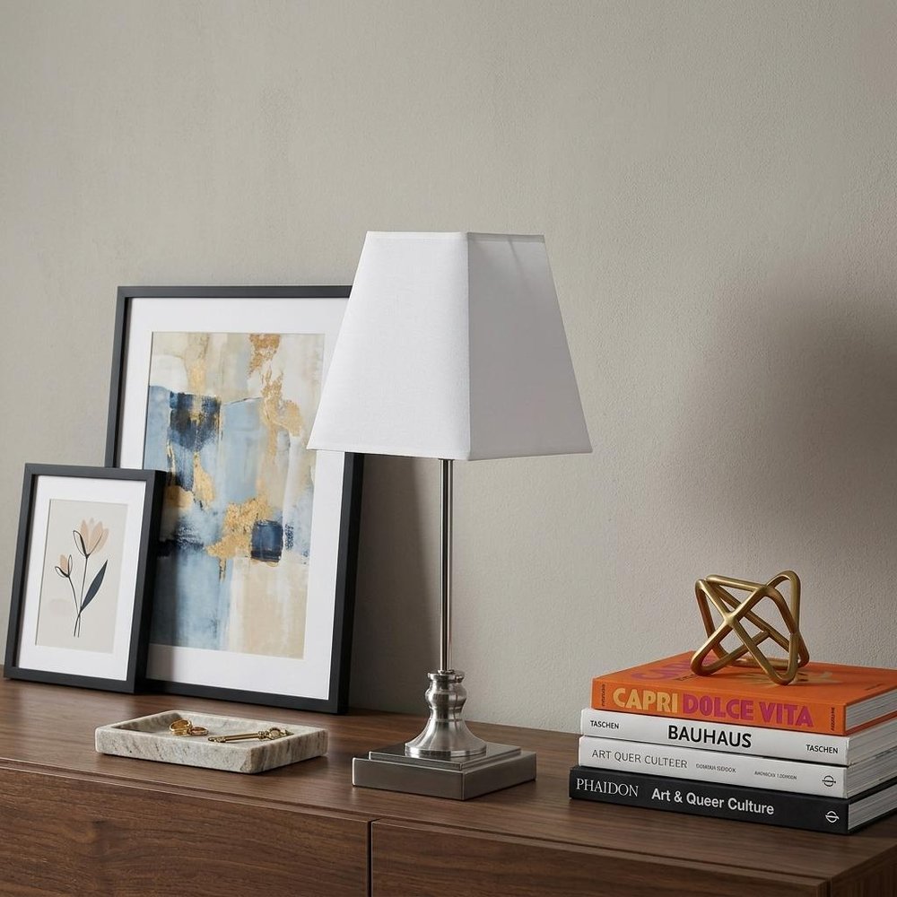 19" Silver Bedside Table Lamp With White Empire Shade